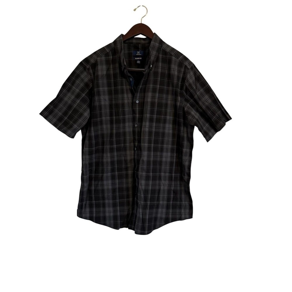 George Classic Men's Black Plaid Short-Sleeve Button-Up Shirt Size Large